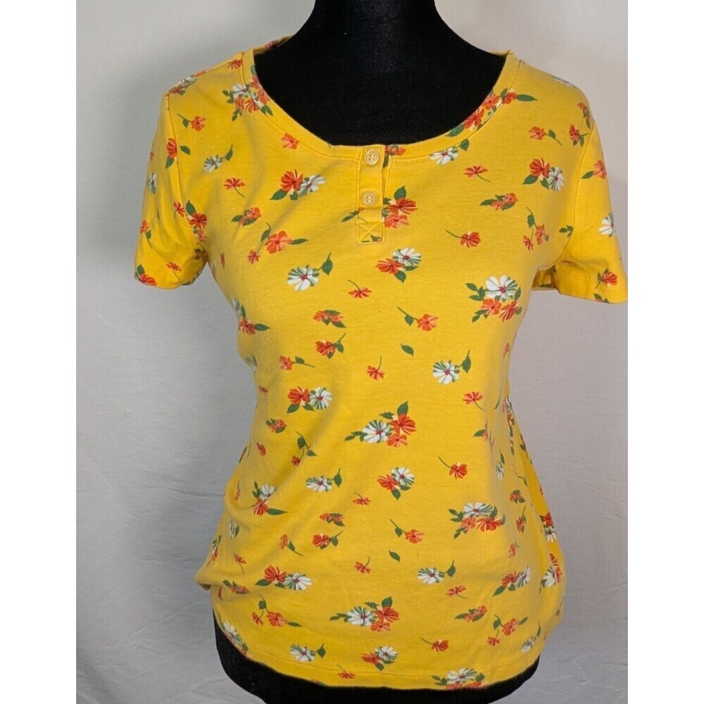 Rebecca Malone Yellow Floral Henley Short Sleeve Top Shirt Cotton Women's Size S